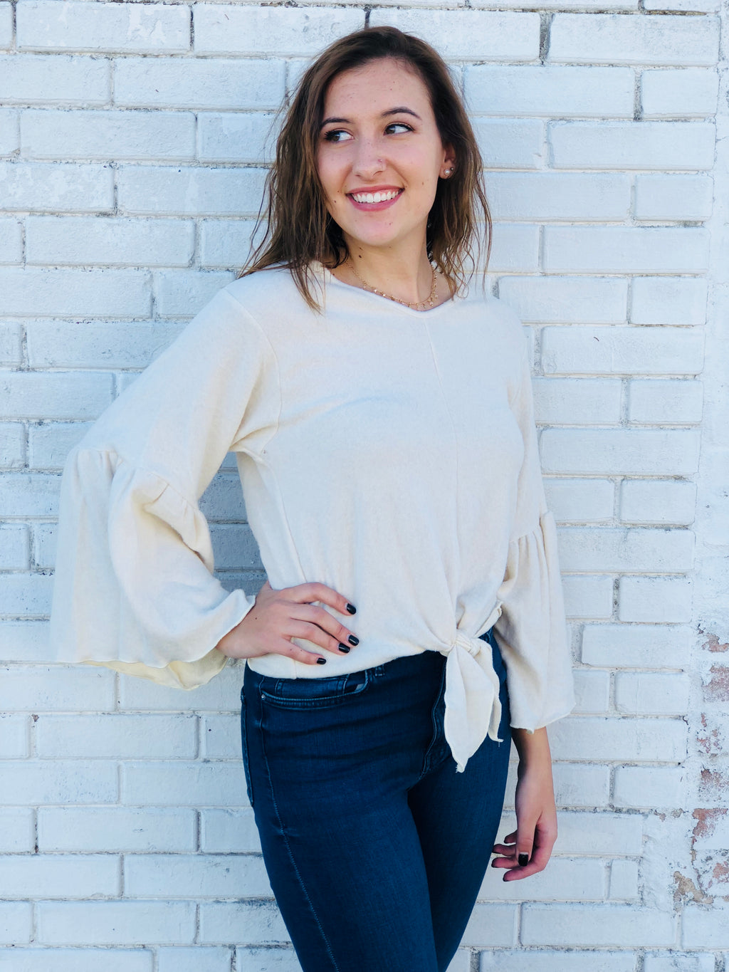 Cream Bell Sleeve Soft Tie Top