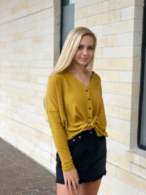 Thermal Knit Button Up Top - Mustard