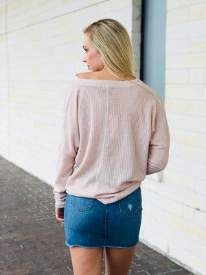 Thermal Knit Button Up Top - Taupe