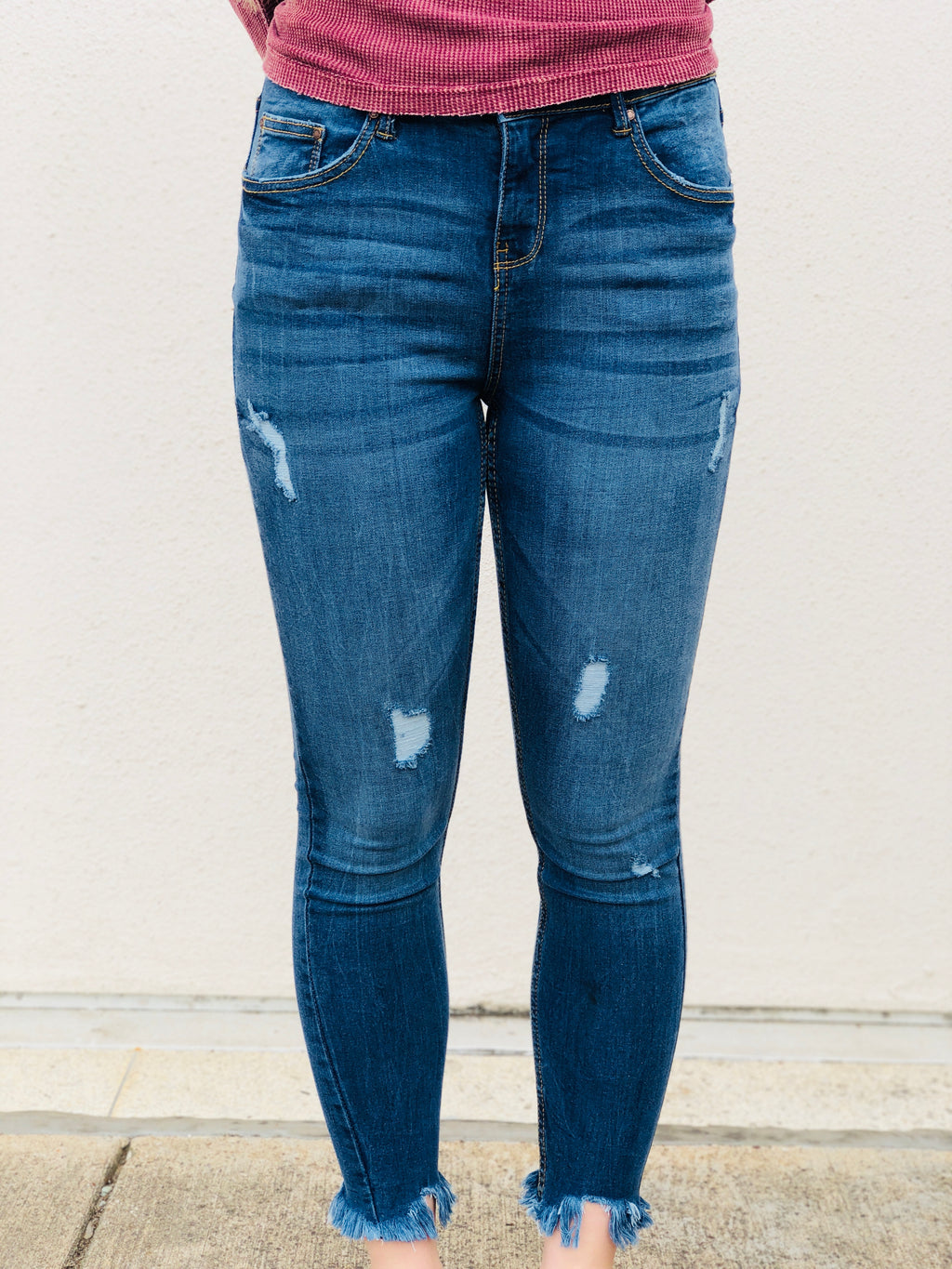 Medium Wash Distressed Fray Jeans