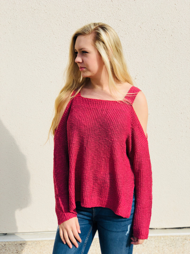 Raspberry Cold Shoulder Sweater
