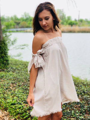 Off The Shoulder Dress with Tie Straps - Cream
