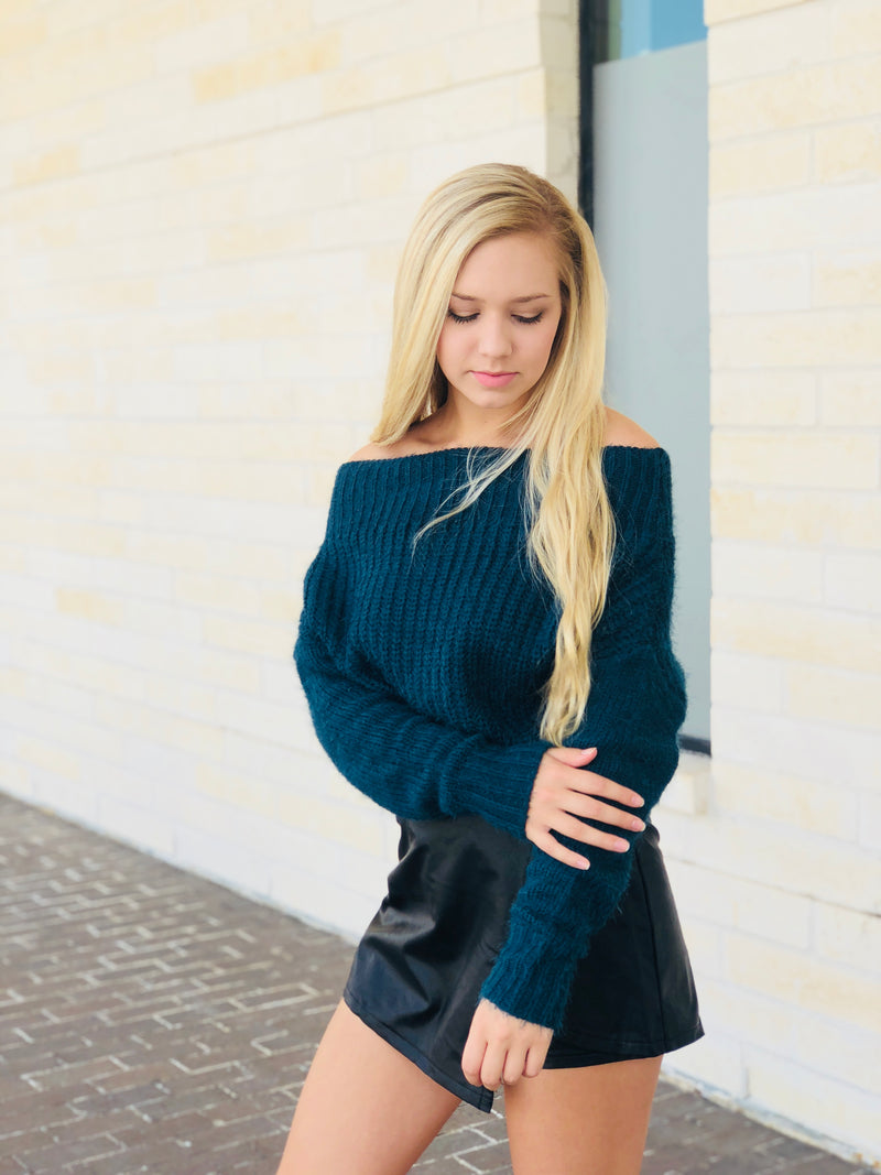 Chunky Off The Shoulder Fuzzy Sweater - Teal