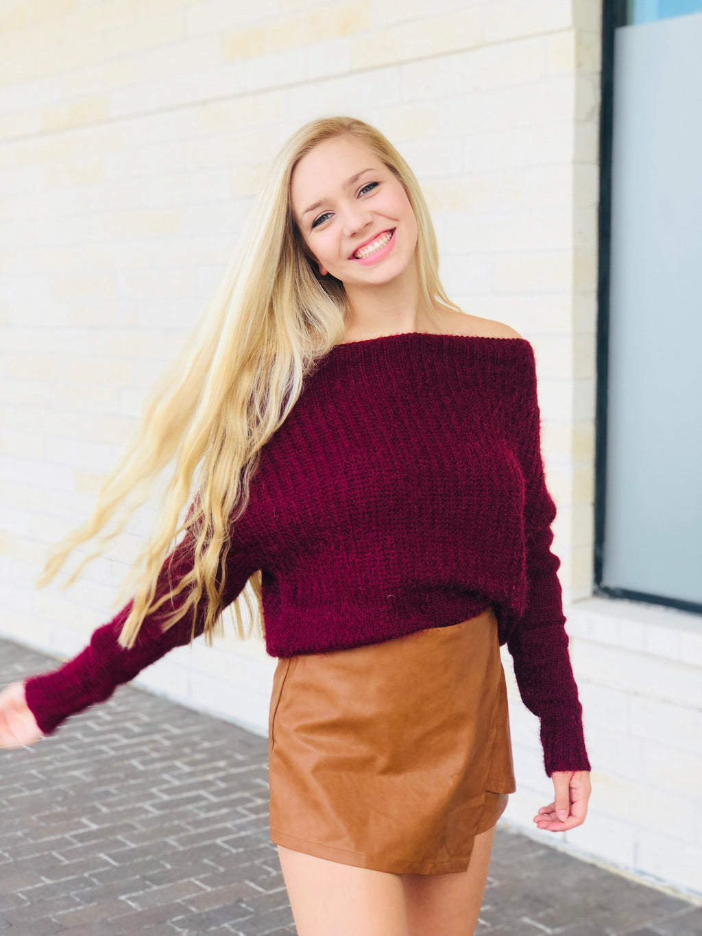 Chunky Off The Shoulder Fuzzy Sweater - Burgundy