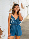 Blue Wash Chambray Embroidered Romper