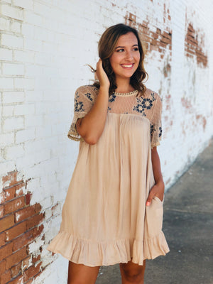 Beige Babydoll Dress With Floral Lace