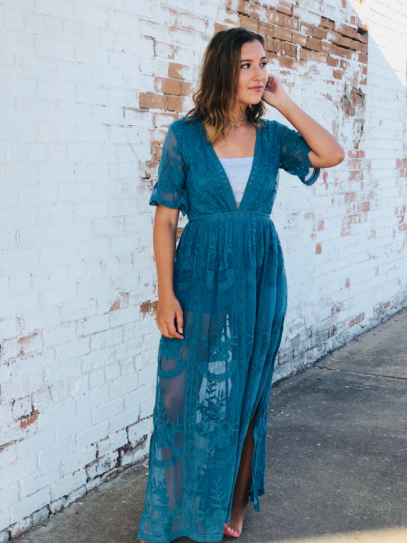 Teal Lace Maxi Romper Persuade Boutique Teal Lace Maxi Romper Persuade Boutique