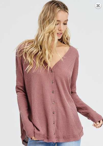 Thermal Knit Button Up Top - Dark Mauve