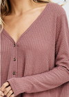 Thermal Knit Button Up Top - Dark Mauve
